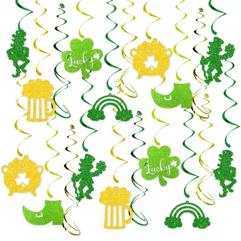 St Patricks Day Hanging Swirl Decorations Glitter Paper Lucky Clover Leprechaun Rainbow Irish Party Ceiling Ornaments