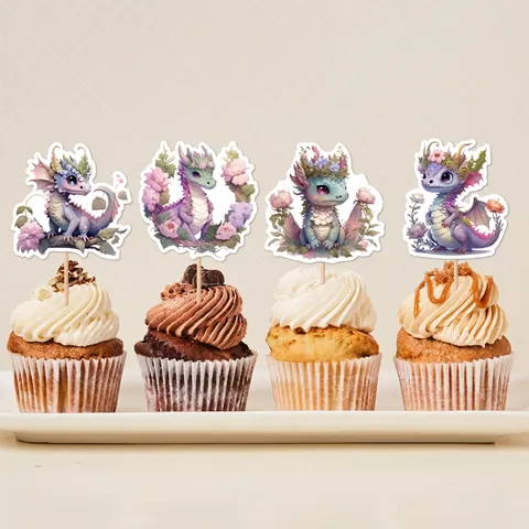 Cartoon Drachen Cupcake Topper Mit Blumen Design Fantasie Drachen Kuchen Deko Für Kinder Geburtstag Party Deko