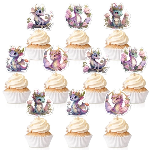 Cartoon Drachen Cupcake Topper Mit Blumen Design Fantasie Drachen Kuchen Deko Für Kinder Geburtstag Party Deko