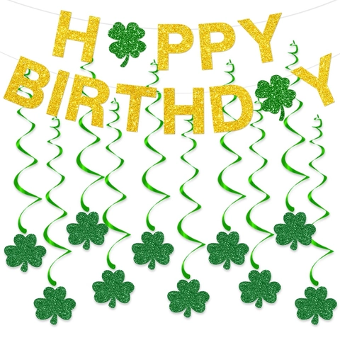 Glitzer St Patrick's Day Happy Birthday Banner Kleeblatt Spiralen Aufhängung Für Irische Festival Party Dekoration