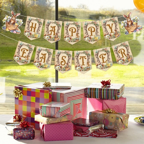 Decorazioni Per Festa Di Pasqua Striscione Happy Easter Festone Carta Coniglio Pulcino Acquerello Spirale Pendente Vintage Casa