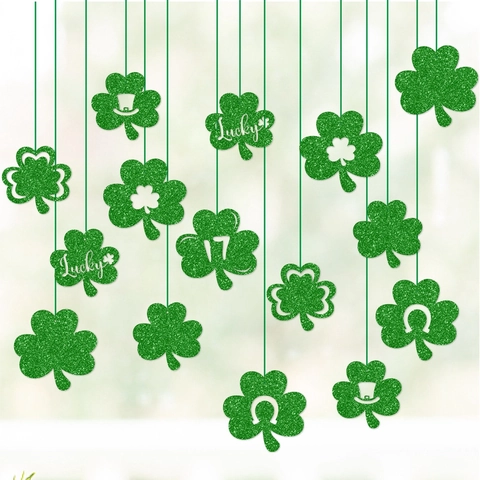 St Patricks Day Hängedekoration Glitzerpapier Kleeblatt Shamrock Girlande Irisches Festival Party Decken Deko Lucky Grün