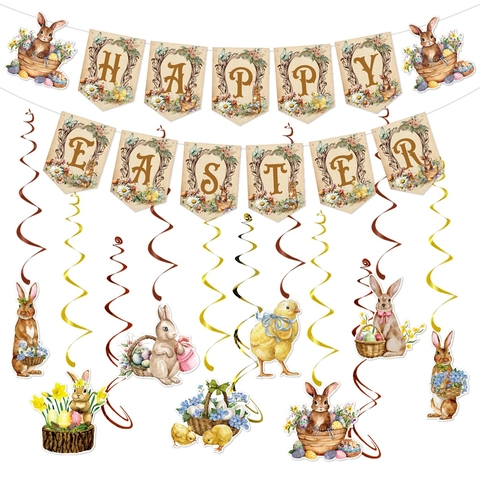 Decorazioni Per Festa Di Pasqua Striscione Happy Easter Festone Carta Coniglio Pulcino Acquerello Spirale Pendente Vintage Casa