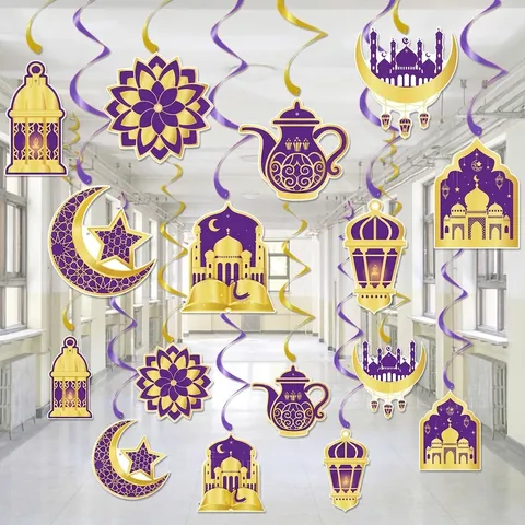Decorazioni A Spirale Sospese Ramadan Kareem Eid Mubarak Moschea Luna Stella Lanterna Carta Cartone PVC Decorazione Soffitto Festa