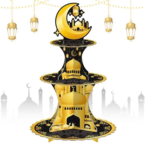 Ramadan Eid Mubarak Etagere Mehrstöckig Pappe Dessert Display Turm Moschee Mond Gold Schwarz Party Dekoration