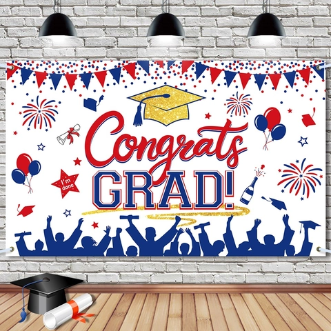 Abschlussfeier Hintergrundbanner Congrats Grad Polyester Tuch Party Dekoration Foto Requisite Hintergrund Mit Feuerwerk Ballons