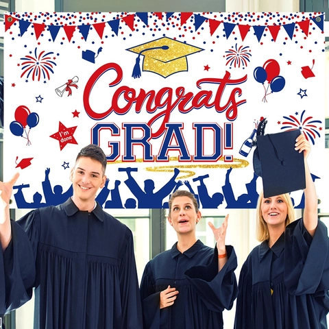 Abschlussfeier Hintergrundbanner Congrats Grad Polyester Tuch Party Dekoration Foto Requisite Hintergrund Mit Feuerwerk Ballons