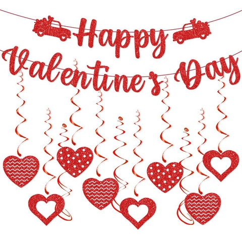 Striscione Happy Valentine's Day E Spirali Appese A Cuore Carta Luccicante Rossa Decorazioni Per Feste