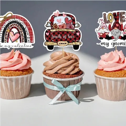 Valentijnsdag Cake Toppers Papier En Bamboe Stokjes Luipaard Hart Kabouters Vrachtwagen Plaid Regenboog Decoratie Bruiloft
