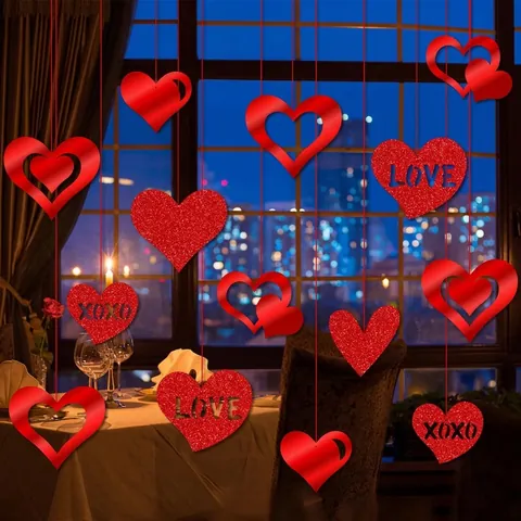 Valentinstag Rote Herz Hängende Dekorationen Papier Glitzer Hohl Liebe XOXO Hochzeit Jahrestag Romantische Party Dekor