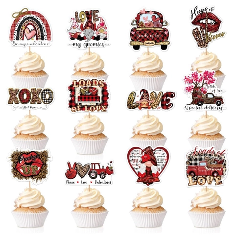 Valentijnsdag Cake Toppers Papier En Bamboe Stokjes Luipaard Hart Kabouters Vrachtwagen Plaid Regenboog Decoratie Bruiloft
