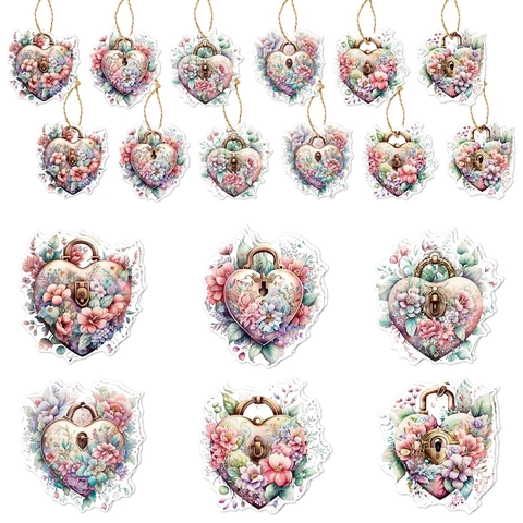 Valentine Day Heart Shaped Hanging Ornaments Floral Vintage Lock Design Paper Gift Tags For Wedding Party Decor With Hemp Rope