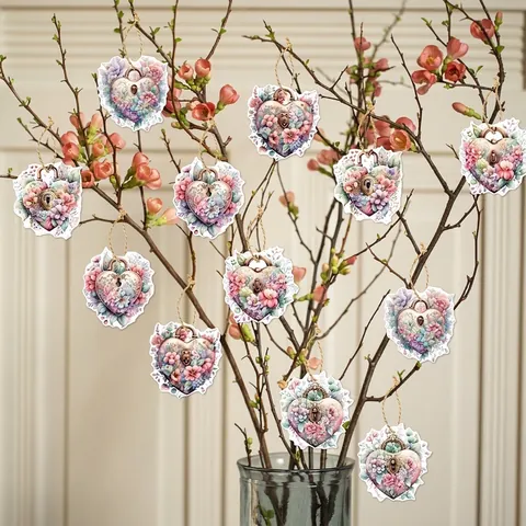Valentine Day Heart Shaped Hanging Ornaments Floral Vintage Lock Design Paper Gift Tags For Wedding Party Decor With Hemp Rope