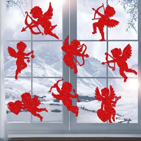 Adesivi Finestra Cupido San Valentino Carta Glitterata Rossa Cuore Arco Freccia Decorazione Matrimonio Festa Decalcomanie Muro