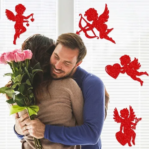Adesivi Finestra Cupido San Valentino Carta Glitterata Rossa Cuore Arco Freccia Decorazione Matrimonio Festa Decalcomanie Muro