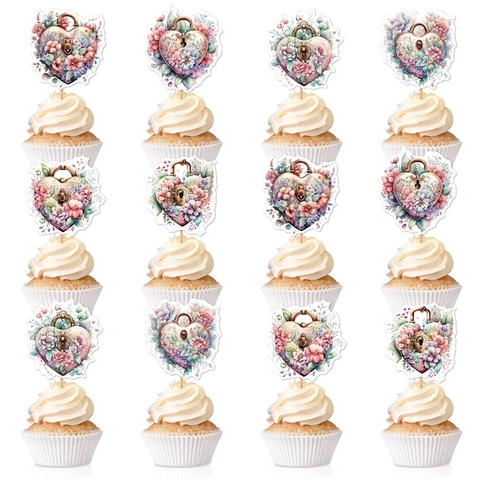 Décorations De Gâteau En Papier Cupcake Toppers Fleurs Cœur Vintage Pour Saint Valentin Mariage Fête Fiançailles Style Aquarelle