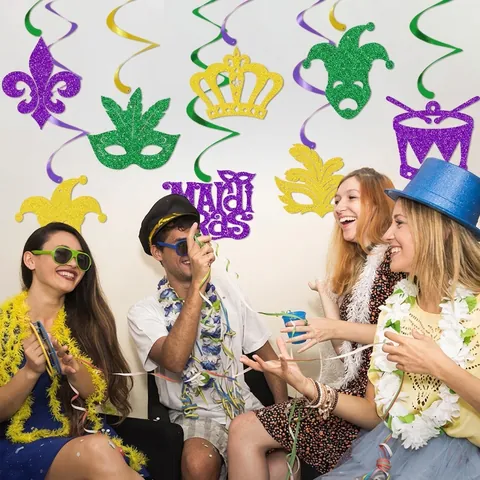 Decorazioni A Spirale Sospese Mardi Gras Carta Luccicante Mascherata Carnevale Festa Ornamenti Da Soffitto Viola Verde Oro
