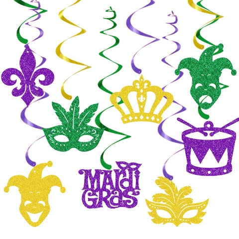Decorazioni A Spirale Sospese Mardi Gras Carta Luccicante Mascherata Carnevale Festa Ornamenti Da Soffitto Viola Verde Oro