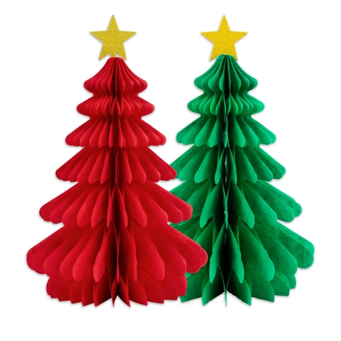 Decorazione da Tavolo per Albero di Natale in Carta a Nido d'Ape Ornamento Pieghevole Con Stella Glitterata per Festa Casa Rosso Verde