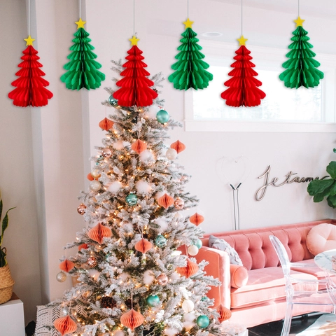 Decorazione da Tavolo per Albero di Natale in Carta a Nido d'Ape Ornamento Pieghevole Con Stella Glitterata per Festa Casa Rosso Verde