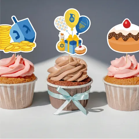 Decorazioni Per Cupcake Hanukkah Festival Ebraico Decorazione Torte Carta Blu Oro Con Bastoncini Di Bambù Party