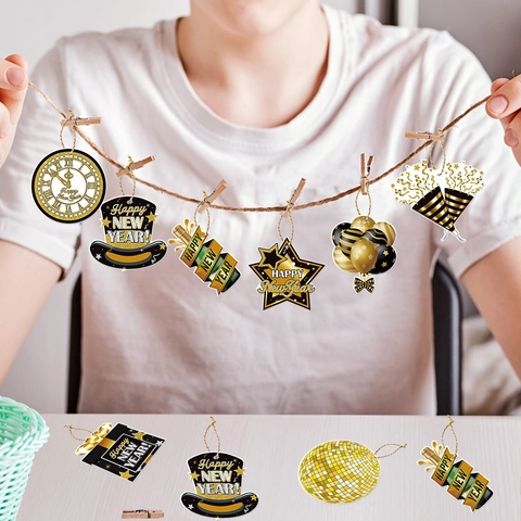 Frohes Neues Jahr Hängende Ornamente Schwarz Gold Karton Anhänger Für Party Dekorationen Mit Schnur DIY Festliche Deko