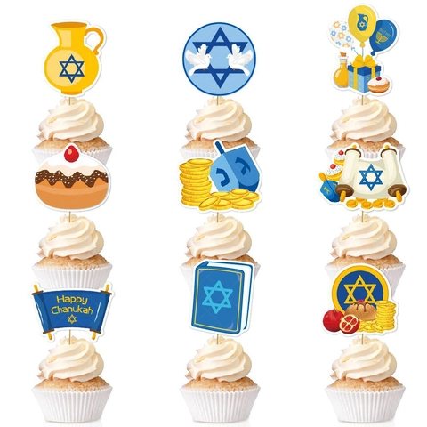 Decorazioni Per Cupcake Hanukkah Festival Ebraico Decorazione Torte Carta Blu Oro Con Bastoncini Di Bambù Party
