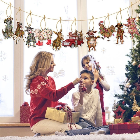 Ornamenti Appesi Di Natale Animali Della Fattoria Pendenti Di Cartone Decor Mucca Maiale Camion Rosso DIY Con Corda Di Canapa