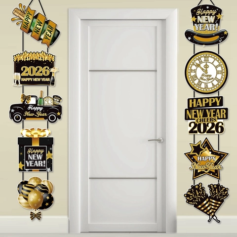 Decorazione Sospesa Per Porta Con Banner Di Capodanno 2026 Scritte Happy New Year Cheers Nero Oro Ghirlanda Per Celebrazione Di San Silvestro Casa