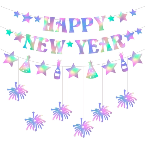 Bannière Happy New Year Papier Irisant Holographique Ornements Suspendus Pour Décoration De Fête Guirlande DIY Feu d'artifice Étoile