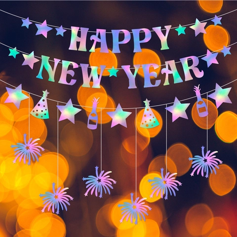 Bannière Happy New Year Papier Irisant Holographique Ornements Suspendus Pour Décoration De Fête Guirlande DIY Feu d'artifice Étoile