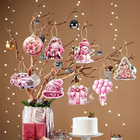 Pink Christmas Ornaments Hanging Paper Tags Santa Claus Snowman Xmas Tree Holiday Decorations Party Favor Home Decor