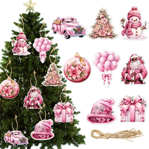 Pink Christmas Ornaments Hanging Paper Tags Santa Claus Snowman Xmas Tree Holiday Decorations Party Favor Home Decor