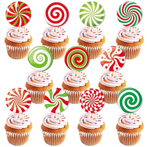 Weihnachten Cupcake Toppers Papier Bambus Süßigkeiten Lutscher Design Rot Grün Weiß Wirbel Spiral Feiertag Party Kuchen Dekorationen