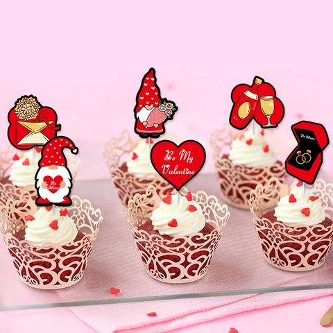 Decoraciones Para Cupcakes Corazón Gnomo Papel Adornos Tarta San Valentín Fiesta Romántica Propuesta Matrimonio Rojo Rosa