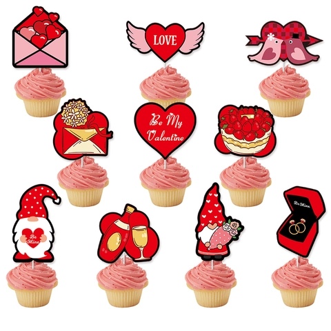 Decoraciones Para Cupcakes Corazón Gnomo Papel Adornos Tarta San Valentín Fiesta Romántica Propuesta Matrimonio Rojo Rosa