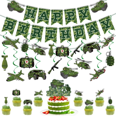 Camouflage Militär Thema Geburtstag Party Dekoration Happy Birthday Banner Kuchen Topper Hängende Spiralen Armee Party Dekorationen Für Jungen
