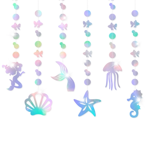 Mermaid Hanging Garland Holographic Iridescent Undersea Theme Birthday Party Decoration Starfish Jellyfish Shell Ornaments