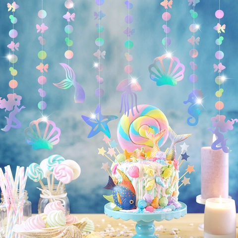 Mermaid Hanging Garland Holographic Iridescent Undersea Theme Birthday Party Decoration Starfish Jellyfish Shell Ornaments