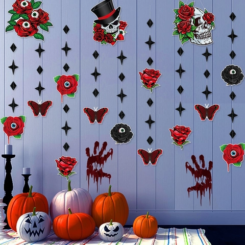 Halloween Hanging Decorations Paper Gothic Skull Rose Eyeball Butterfly Bunting Banner Haunted House Party Props