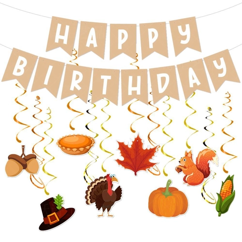 Banner Happy Birthday E Decorazioni Appese A Spirale Per Il Ringraziamento Zucca Foglia Acero Decorazione Festa Autunnale