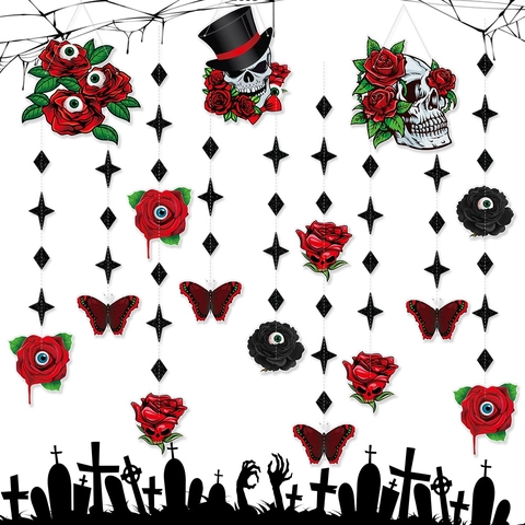 Halloween Hanging Decorations Paper Gothic Skull Rose Eyeball Butterfly Bunting Banner Haunted House Party Props
