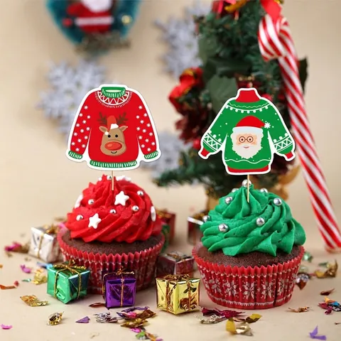 Christmas Cake Toppers Ugly Sweater Design Paper Bamboo Sticks Holiday Party Dessert Decoration Novelty Cupcake Picks