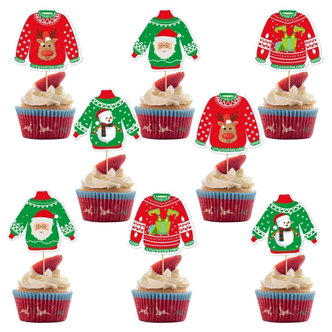 Christmas Cake Toppers Ugly Sweater Design Paper Bamboo Sticks Holiday Party Dessert Decoration Novelty Cupcake Picks