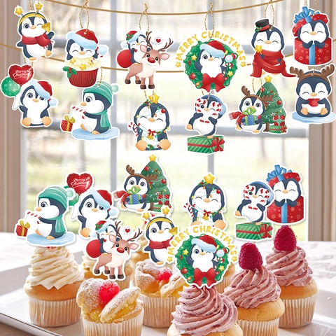 Etichette Appese Pinguino Di Natale Ornamenti Cartone Animato Animale Cartone Arredamento Con Corda Di Canapa Per Festa