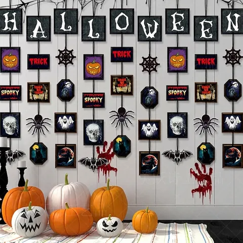 Halloween Hanging Ornaments Paper Banner Pumpkin Skull Bat Spider Ghost Haunted House Party Home Decoration Props