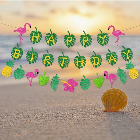 Happy Birthday Banner Glitzer Papier Flamingo Ananas Tropische Blätter Sommer Strand Hawaii Luau Party Dekoration