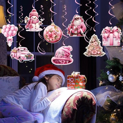 Rosa Weihnachten Hängende Wirbel Dekorationen Karton Und Kunststoff Deckenornamente Für Feiertagsparty Weihnachtsmann Schneemann