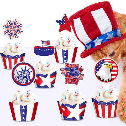 4. Juli Unabhängigkeitstag Cupcake Förmchen und Topper Patriotisches Papier Stern Streifen Freiheitsstatue Adler Party Kuchendekoration Zubehör