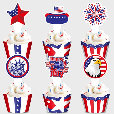 4. Juli Unabhängigkeitstag Cupcake Förmchen und Topper Patriotisches Papier Stern Streifen Freiheitsstatue Adler Party Kuchendekoration Zubehör